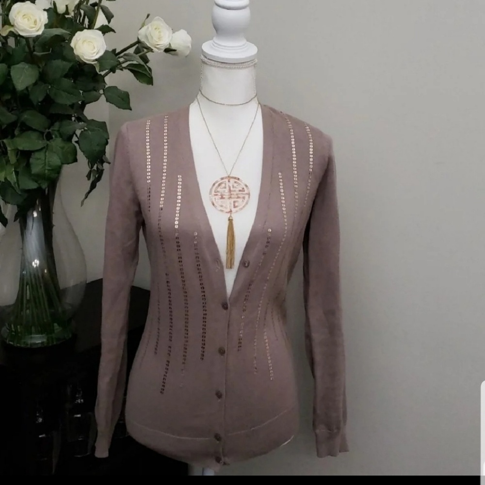 Ann Taylor LOFT Beige Sequin Button Front Cardigan
